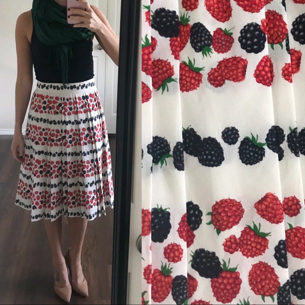 J. Crew White Midi Skirt with Red & Black Berry Print Size 4